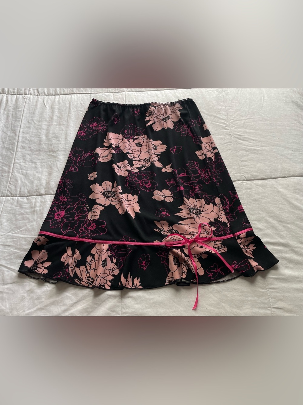 Vintage Black Pink Floral Ribbon Trim Slip Skirt Medium Whimsigoth Dark Romantic